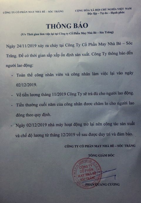 Công nhân làm việc tại Nhà máy May Nhà Bè - Sóc Trăng sẽ làm việc lại vào 2.11 và nhận đầy đủ lương tháng 11, kể cả thưởng Tết theo quy định (ảnh Nhật Hồ)