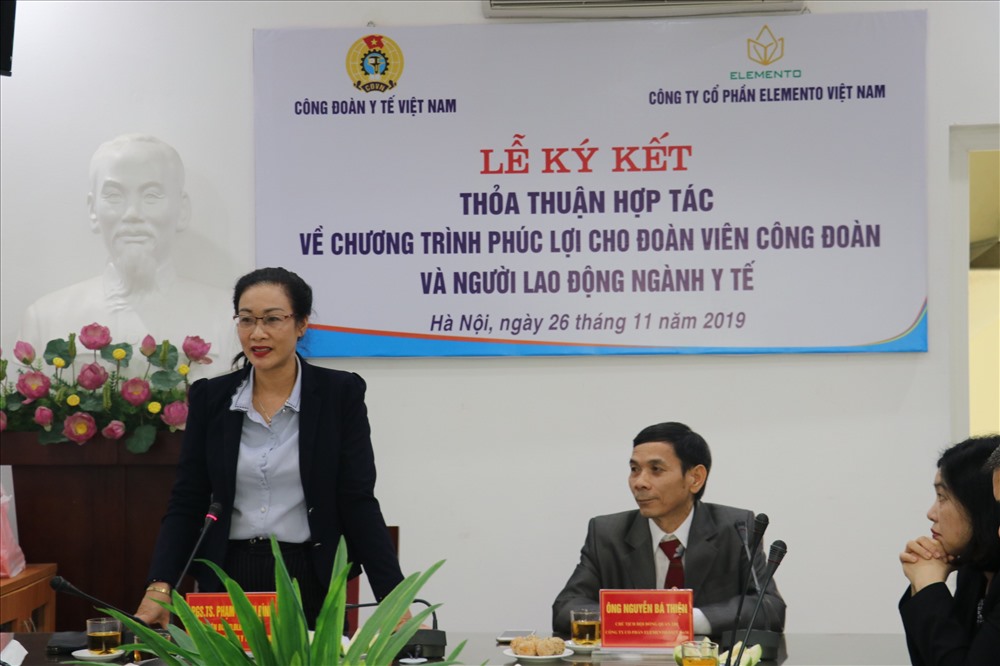 PGS. TS Phạm Thanh Bình- Ủy viên Ban Chấp hành Tổng LĐLĐVN, Chủ tịch CĐ Y tế Việt Nam - phát biểu tại Lễ ký kết.