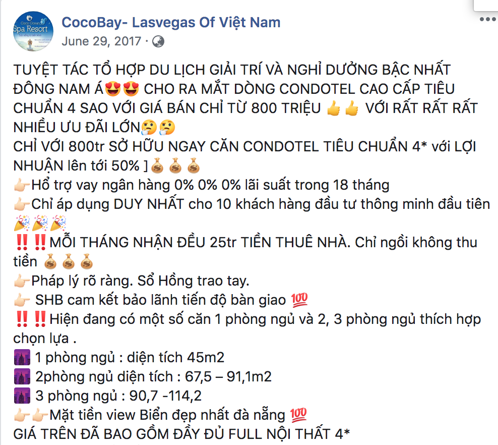 Quảng cáo về dự án Cocobay trên mạng. Ảnh chụp màn hình Facebook