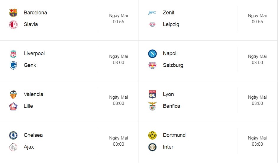 Lịch thi đấu Champions League đêm nay, rạng sáng mai.