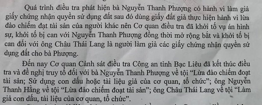 Thông báo kết luận điều tra của Cơ quan Cảnh sát điều tra Công an tỉnh Bạc Liêu (ảnh Nhật Hồ)