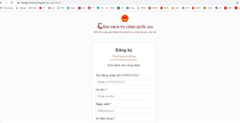 Giao diện đăng ký tài khoản dịch vụ công quốc gia. Ảnh PV