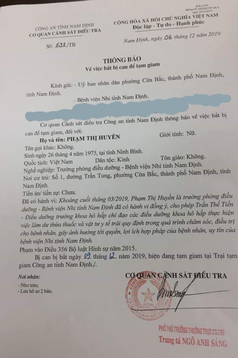 Thông báo của Cơ quan Cảnh sát điều tra Công an tỉnh Nam Định. Ảnh: NT