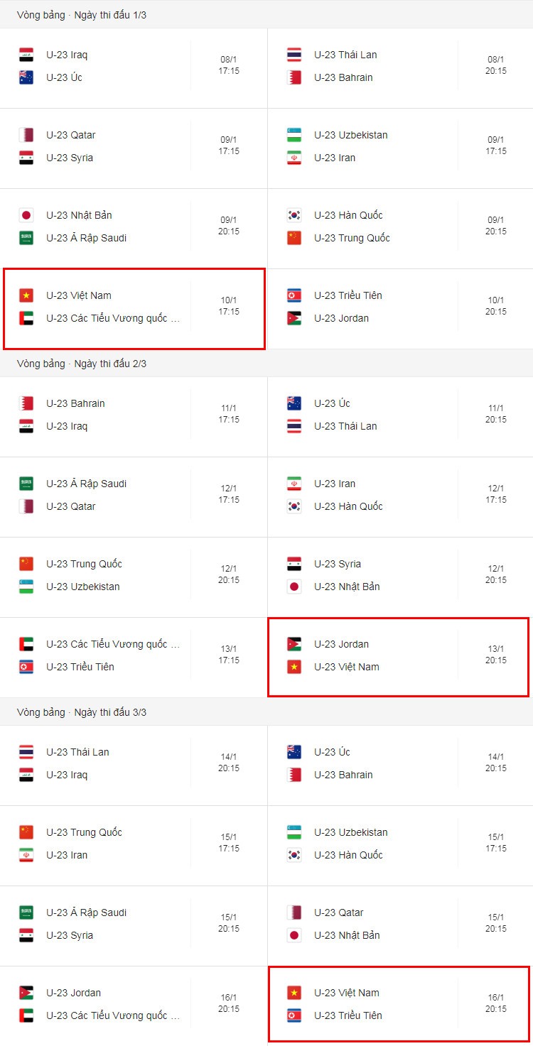 Lịch thi đấu U23 Việt Nam tại vòng chung kết U23 Châu Á ...