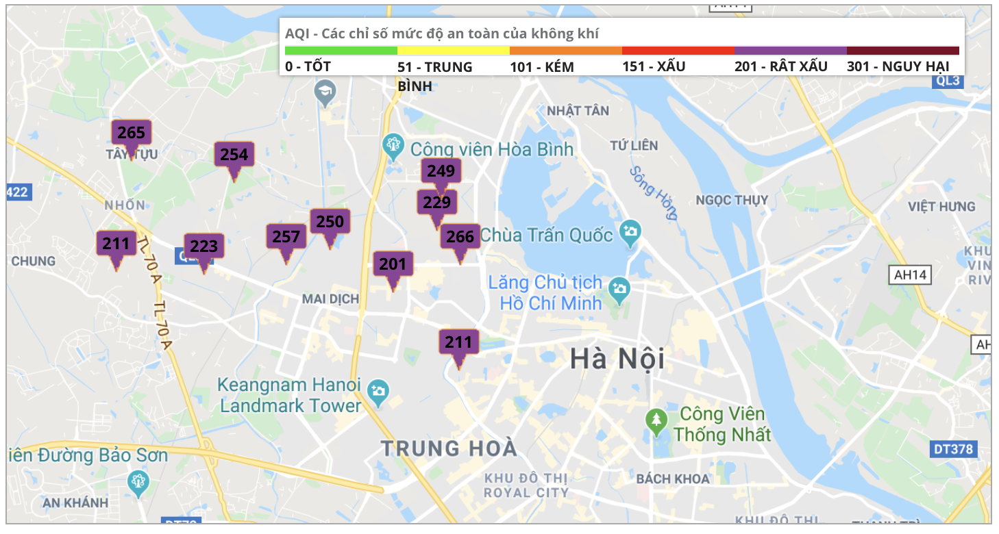 Thông qua Cổng thông tin quan trắc môi trường của UBND TP.Hà Nội mức chỉ số trung bình đã đạt ngưỡng tím. Ảnh: moitruongthudo.vn.