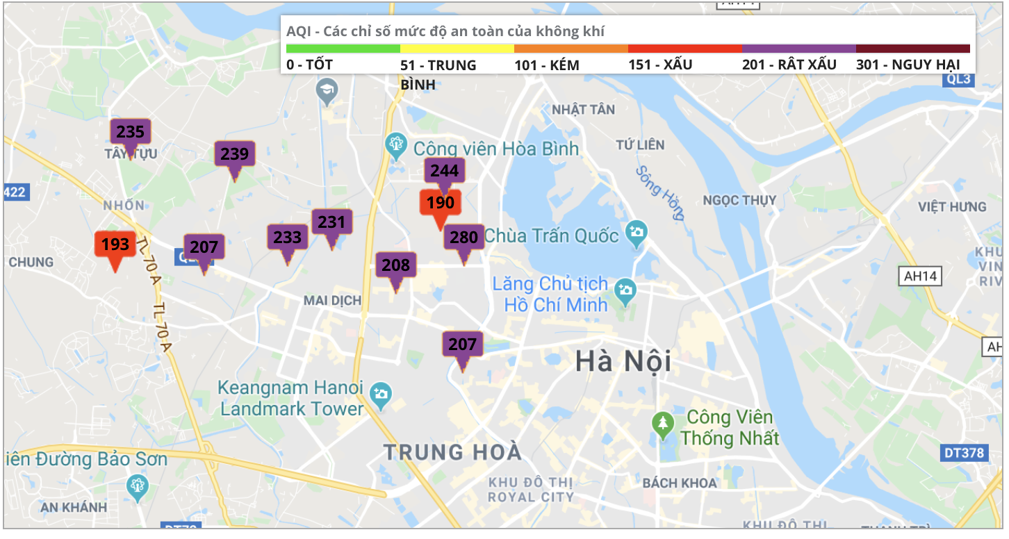 Thông qua Cổng thông tin quan trắc môi trường của UBND TP. Hà Nội mức chỉ số trung bình đã đạt ngưỡng tím. Ảnh: moitruongthudo.vn.