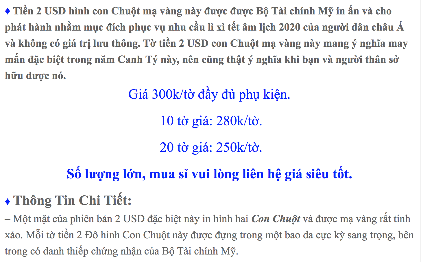 Quảng cáo của một shop rao bán tờ 2 USD chuột mạ vàng trên mạng. Ảnh chụp màn hình