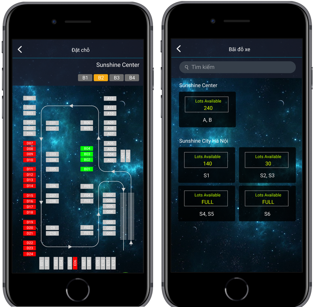 Sơ đồ bãi đậu xe cùng vị trí trống hiển thị trên App giúp cư dân dễ sàng book chỗ trước.