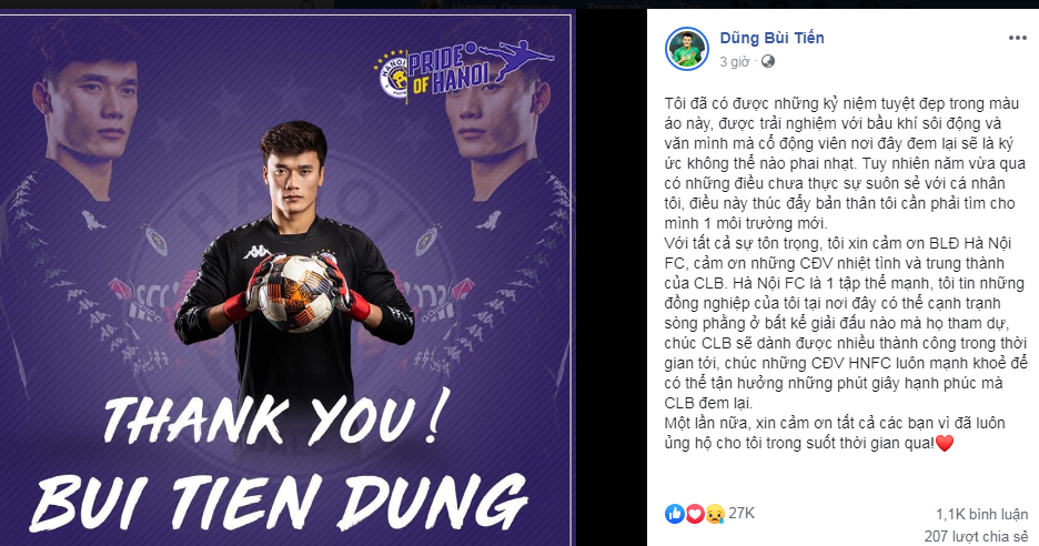 Bùi Tiến Dũng chia sẻ tâm thư trên trang cá nhân. Ảnh chụp màn hình