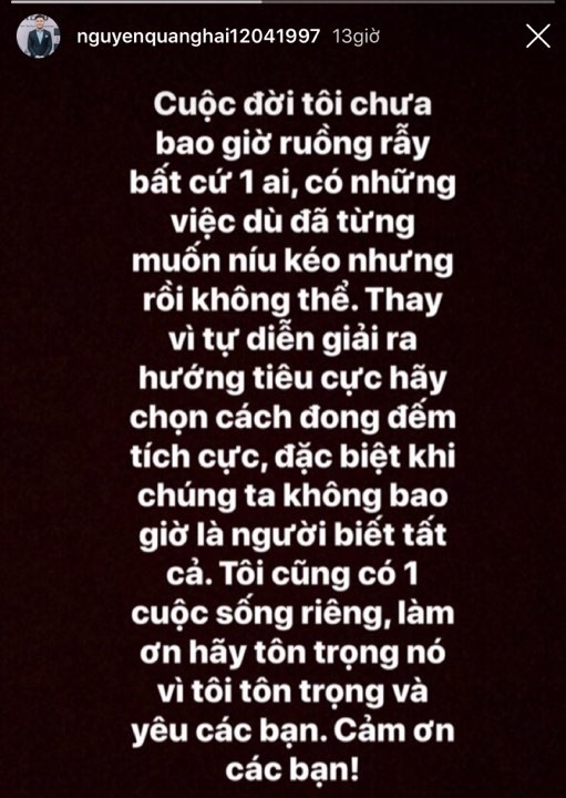 Dòng trạng thái của Quang Hải. Ảnh chụp màn hình