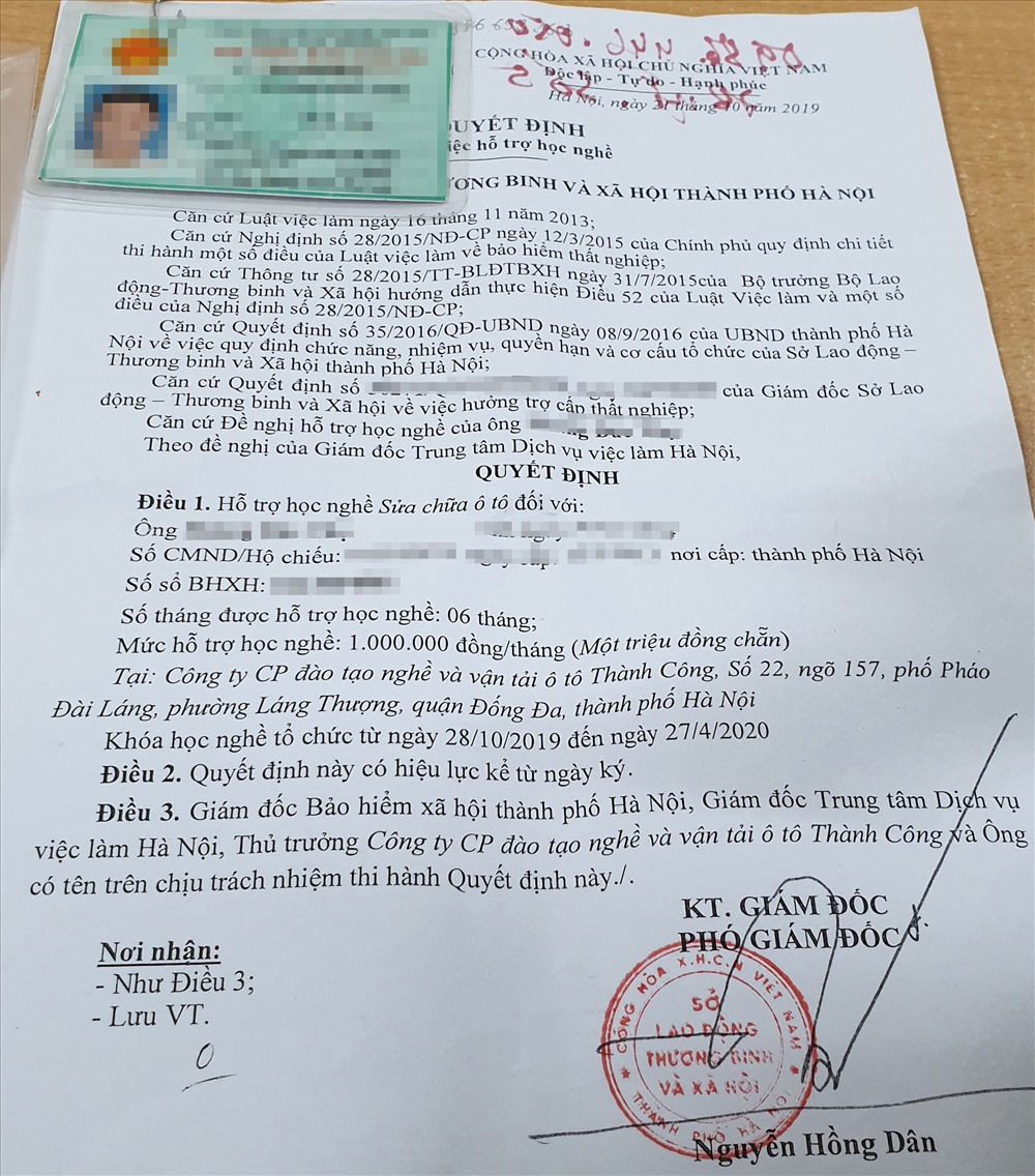 Quyết định của anh T ghi rõ ngành nghề đào tạo là học sửa xe ô tô.