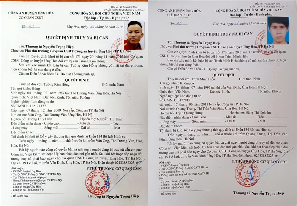 Quyết định truy nã 2 đối tượng hành hung nữ phụ xe buýt. Ảnh: Công an cung cấp