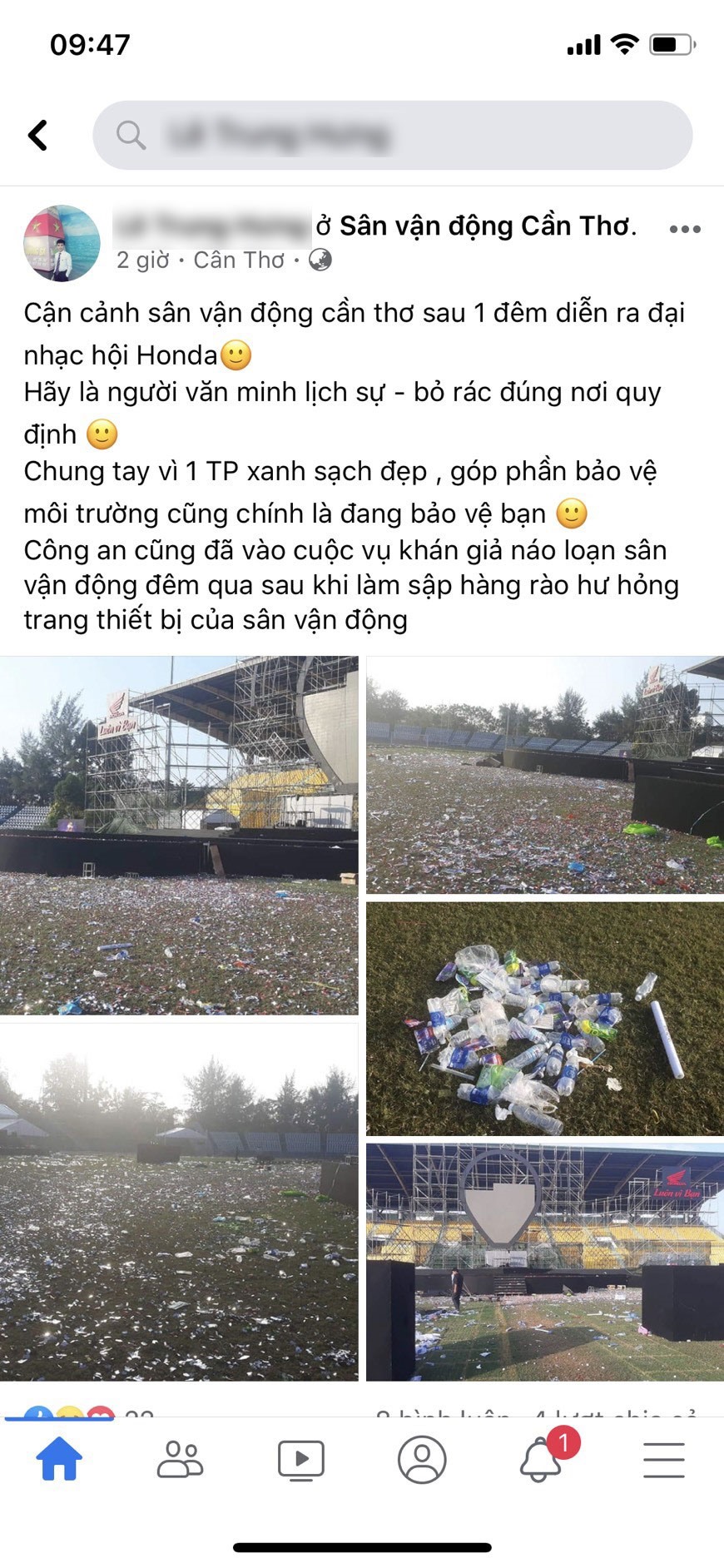 Một dòng trạng thái bức xúc với cảnh tượng rác tràn ngập sân vận động sau đêm nhạc thu hút được nhiều quan tâm. Ảnh chụp màn hình
