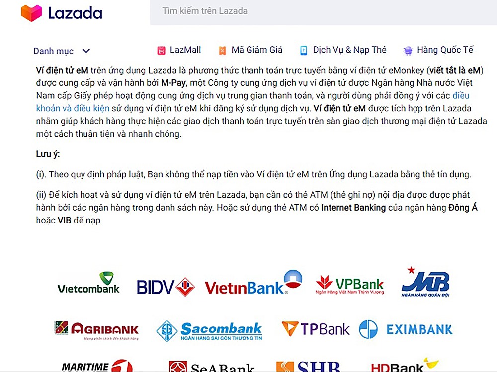 eMonkey đã được dùng làm phương thức thanh toán trên Lazada lâu nay (ảnh chụp màn hình).