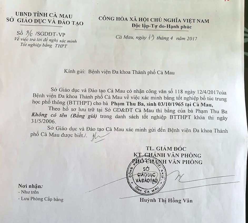 Văn bản của Sở Giáo dục Đào tạo Cà Mau thể hiện bằng cấp 3 của bà Ba là bằng giả (ảnh Nhật Hồ)