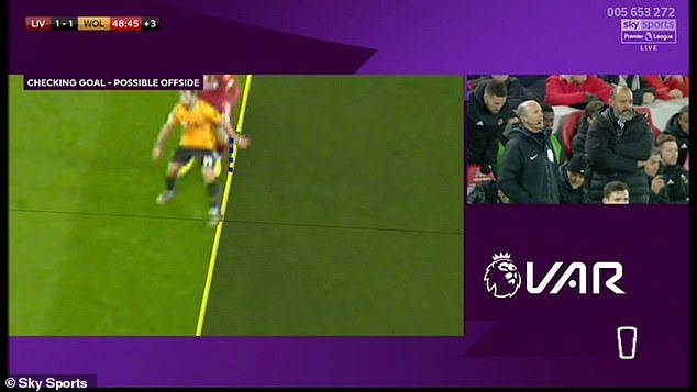 Cách tổ trọng tài VAR xác định Jonny ở vào thế việt vị. Ảnh: Sky Sports