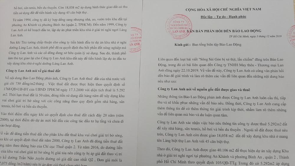 Công ty Lan Anh gửi thông tin phản hồi trên tinh thần cầu thị và tiếp thu những thông tin báo Lao Động nêu. Ảnh: PV