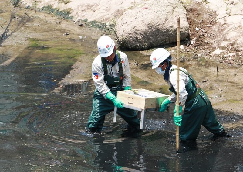 Công nhân lắp tấm Bioreactor xuống khu vực thí điểm làm sạch một đoạn sông Tô Lịch. Ảnh: PV