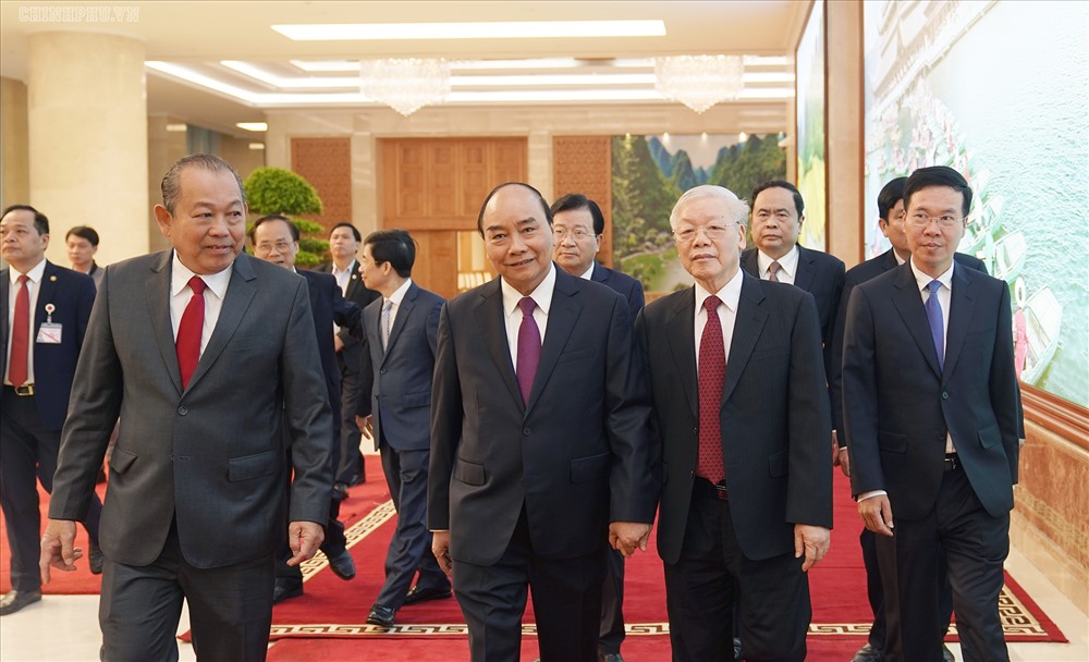 Tổng Bí thư, Chủ tịch Nước Nguyễn Phú Trọng, Chủ tịch Quốc hội Nguyễn Thị Kim Ngân, Thường trực Ban Bí thư Trần Quốc Vượng, Chủ tịch Ủy ban Trung ương MTTQ Việt Nam Trần Thanh Mẫn, cùng lãnh đạo nhiều cơ quan Trung ương tham dự hội nghị. Ảnh VGP/Quang Hiếu