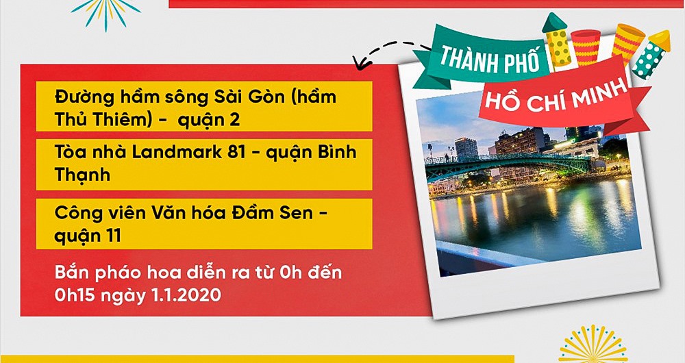 Trong dịp Tết Dương lịch 2020, thành phố Hồ Chí Minh sẽ tổ chức bắn pháo hoa tầm cao tại khu vực đầu đường hầm sông Sài Gòn (phường Thủ Thiêm, quận 2) và tòa nhà Landmark cao nhất Việt Nam tại phường 22, quận Bình Thạnh. Ngoài 2 điểm bắn pháo hoa tầm cao, Thành phố còn tổ chức 1 điểm bắn tầm thấp tại Công viên văn hóa Đầm Sen (phường 3, quận 11).