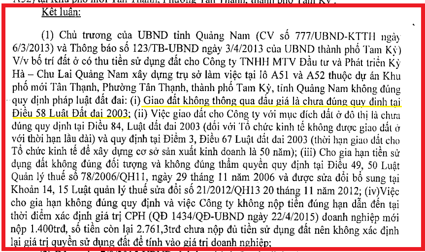 Những sai phạm được KTNN Khu vực III nêu ra ở thửa đất 1.261m² (lô A51 và A52) tại Khu phố mới Tân Thạnh, TP.Tam Kỳ.