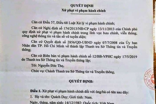 Quyết định xử phạt ông Quách Duy.