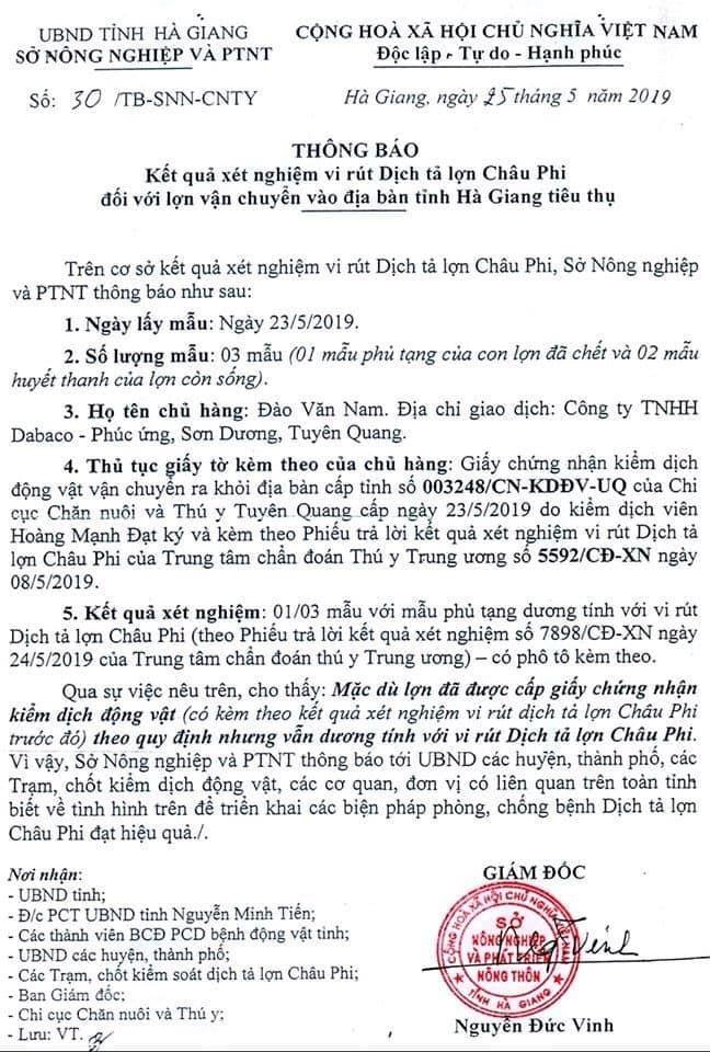 Công văn của Sở NNPTNT tỉnh Hà Giang.