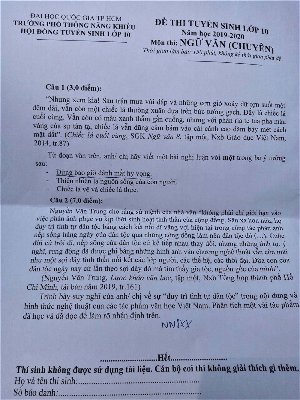 Đề thi chuyên Văn vào trường Phổ thông Năng khiếu ĐH Quốc gia TPHCM
