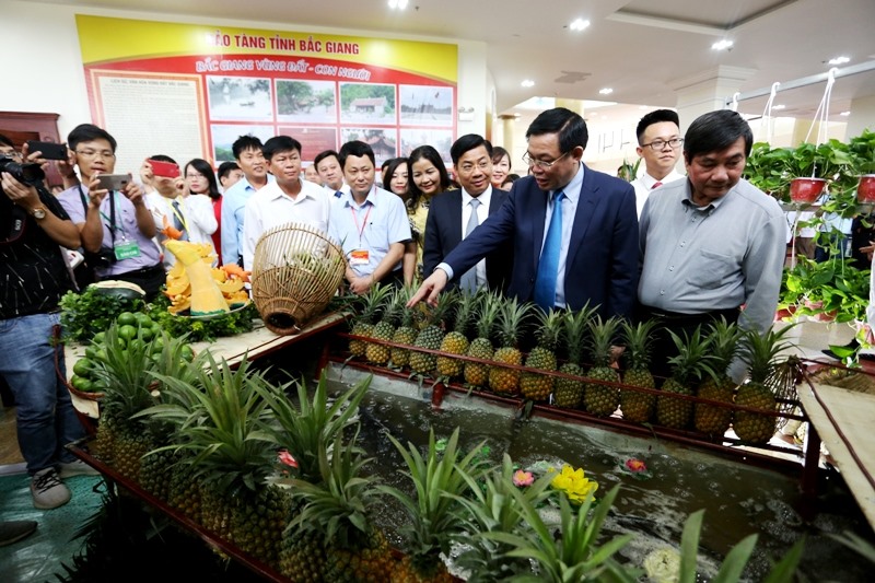 Phó Thủ tướng Vương Đình Huệ tham quan các gian hàng vải thiều. Ảnh: Kh.Long
