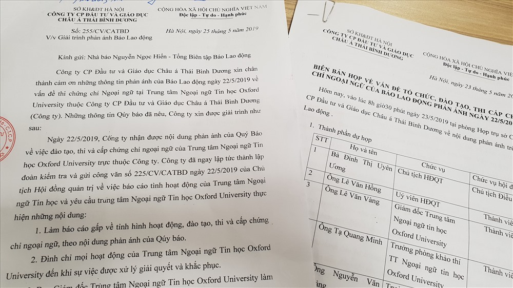 Văn bản phản hồi từ Cty Thái Bình Dương.