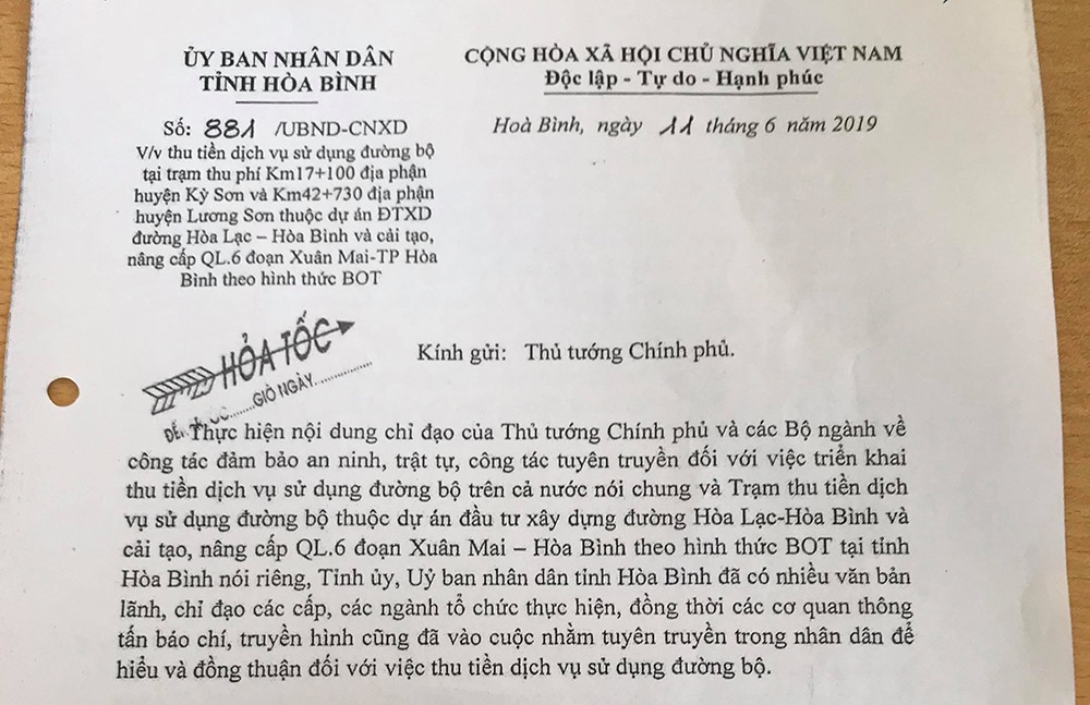 UBND tỉnh Hòa Bình báo cáo Thủ tướng tình hình tại trạm BOT Hòa Lạc - Hòa Bình.