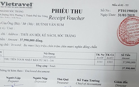 Hóa đơn thể hiện Phó Bí thư Tỉnh ủy Sóc Trăng tự bỏ tiền đi du lịch Nhật Bản (ảnh VP Tỉnh ủy Sóc Trăng cung cấp)
