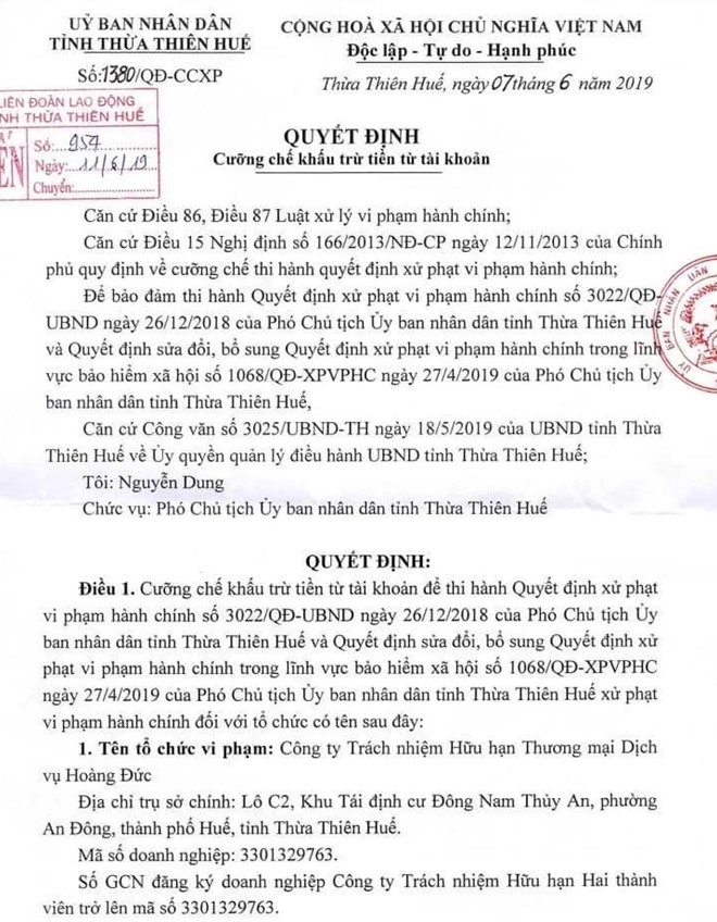 Quyết định cưỡng chế của UBND tỉnh Thừa Thiên - Huế. Ảnh: ĐH.