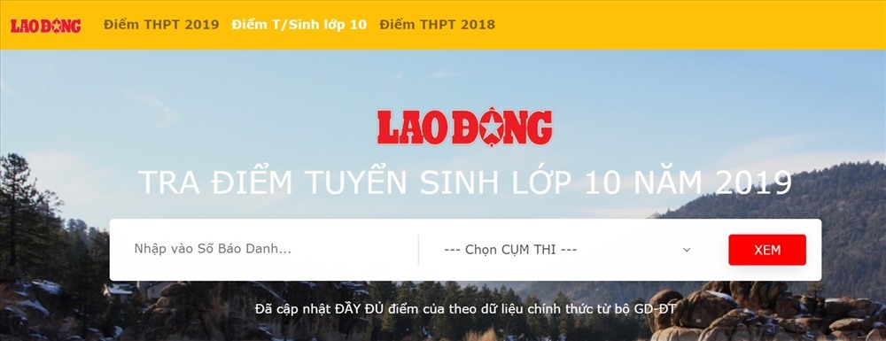 Giao diện trang tra cứu điểm thi vào lớp 10 trên Lao Động.