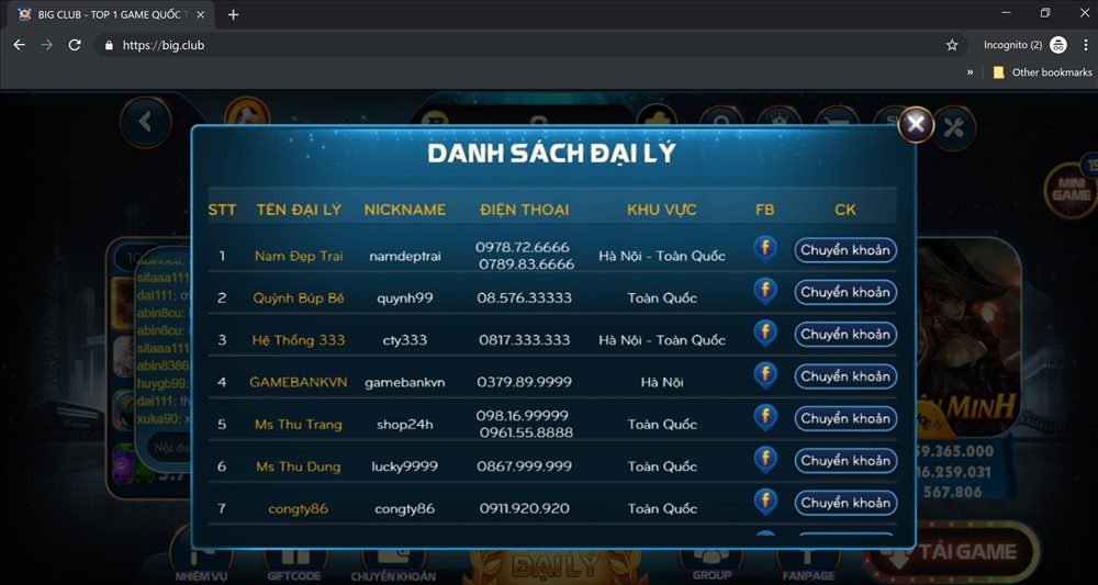 Danh sách đại lý vẫn được đăng tải công khai trên big.club