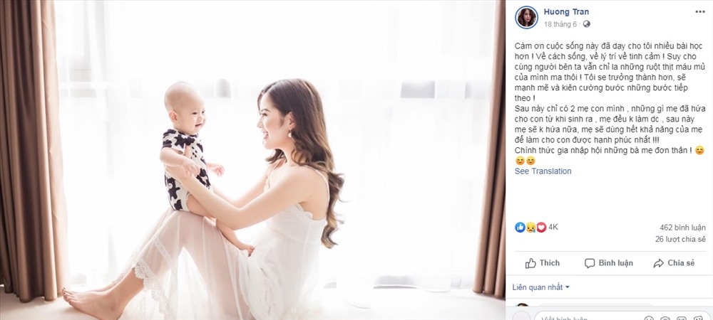 Chia sẻ của Trần Hương trên Facebook cá nhân sau cuộc ly hôn với Việt Anh. Ảnh: FBNV