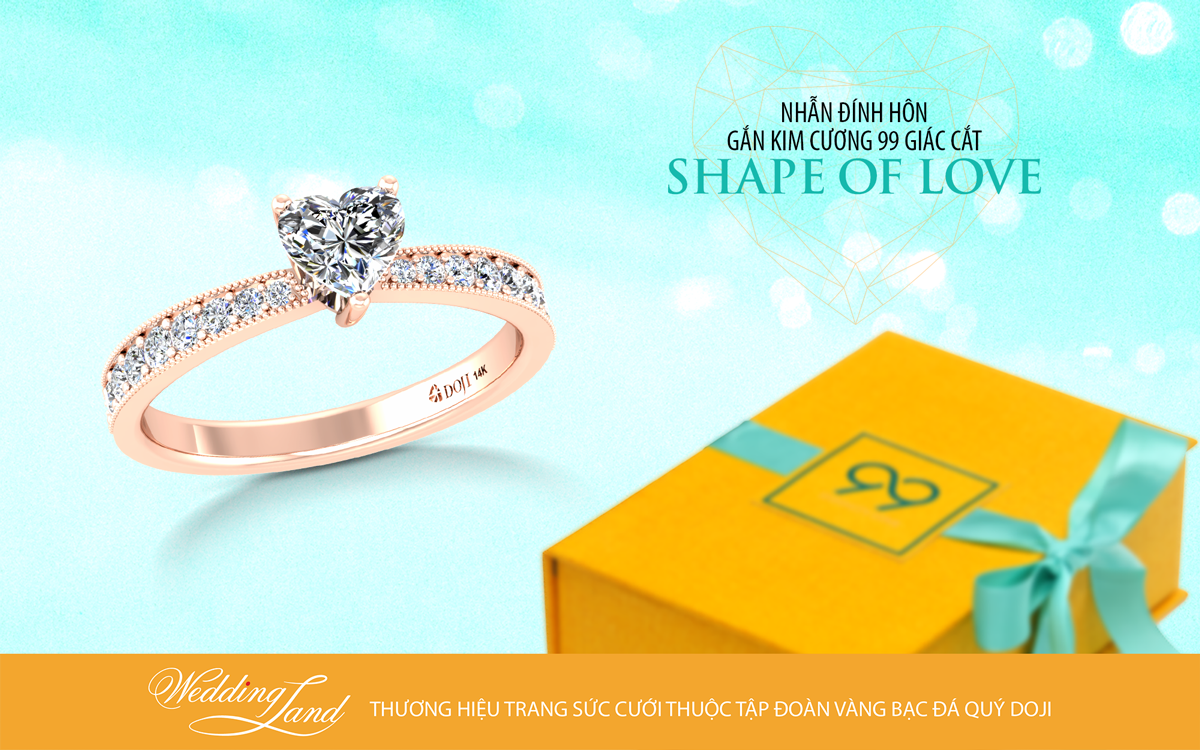 Nhẫn đính hôn gắn kim cương quý hiếm 99 giác cắt có hình trái tim trong BST Shape of Love không chỉ có thiết kế tinh tế, hiện đại mà còn mang thông điệp tình yêu vĩnh cửu. Ảnh: Doji