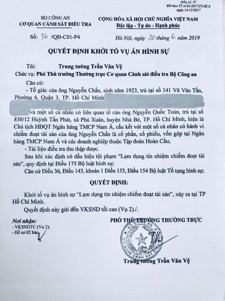 Quyết định khởi tố của Cơ quan Cảnh sát điều tra Bộ Công an (ảnh NS)