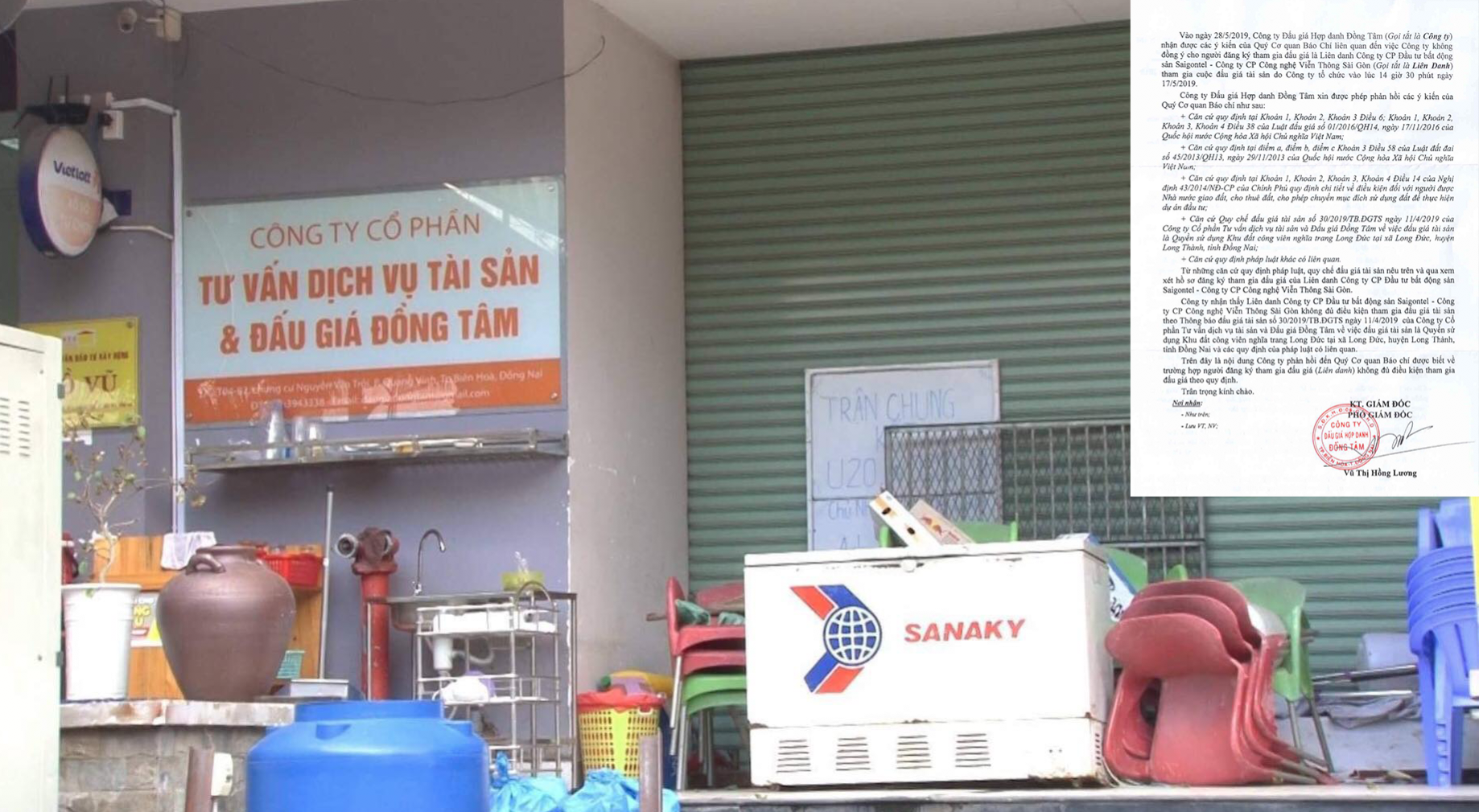 Cảnh nhếch nhác tại trụ sở của Công ty Đồng Tâm và văn bản “khó hiểu” trả lời Liên danh công ty. Ảnh PV.