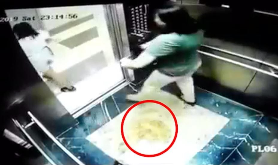 Hình ảnh hai phụ nữ sau khi tiểu bậy trong thang máy. Ảnh: Cắt từ clip.