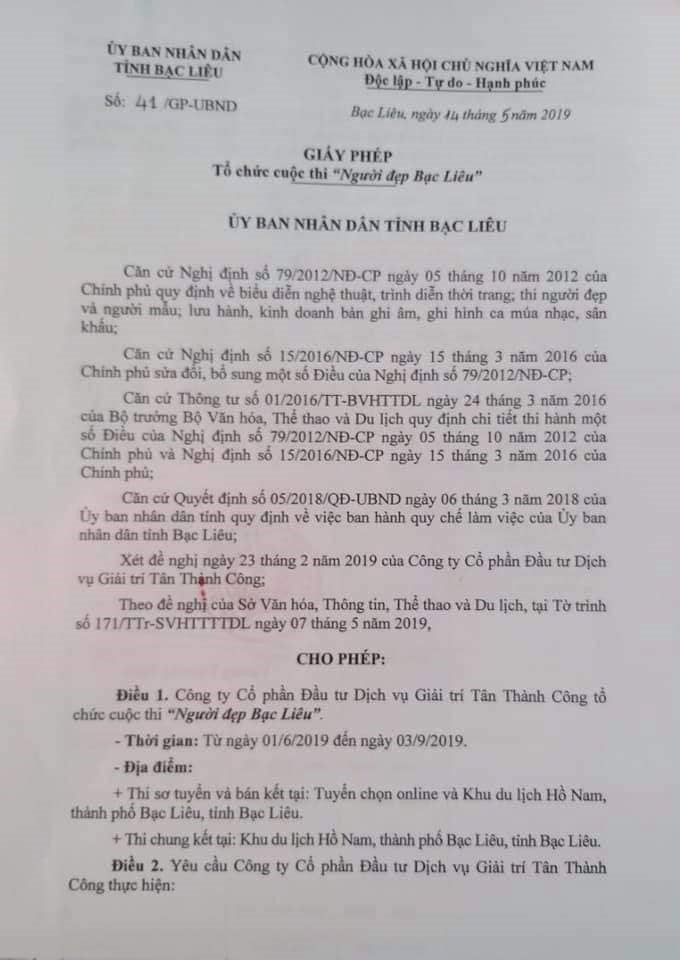 Giấy phép của UBND tỉnh cấp cho đơn vị tổ chức cuộc thi người đẹp Bạc Liêu năm 2019 (ảnh Nhật Hồ)