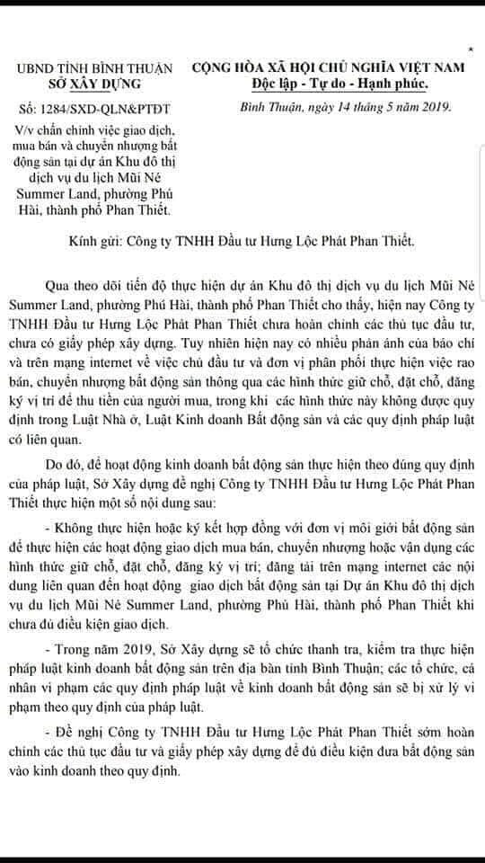 Văn bản “tuýt còi” của Sở Xây dựng tỉnh Bình Thuận.