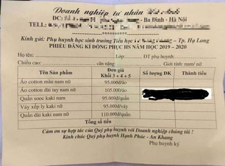 DN tư nhân may mặc ở Hà Nội gửi thư chào hàng tới một trường tiểu học ở Hạ Long. Ảnh: CTV
