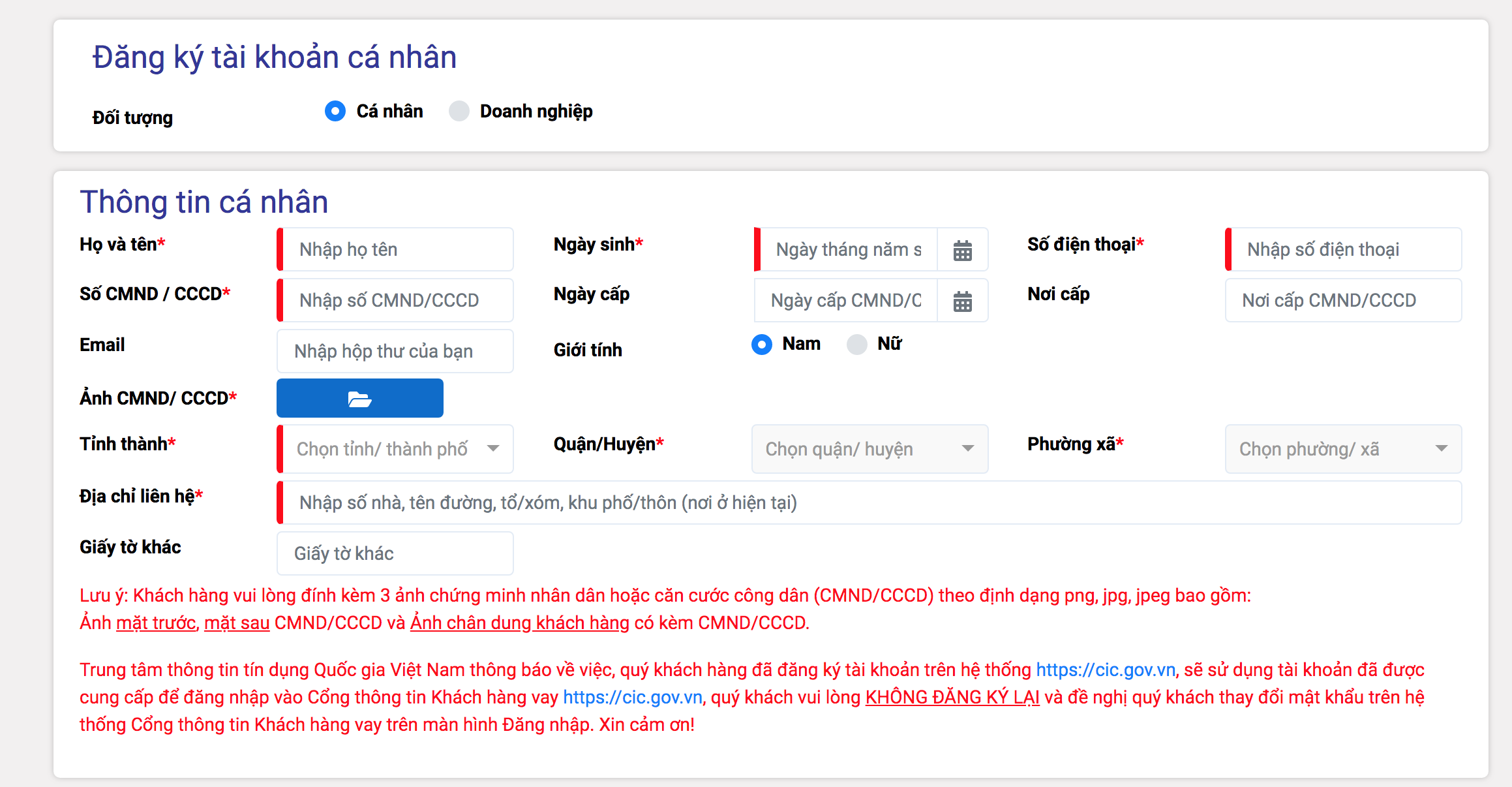 Khách hàng tự điền các thông tin để kí tài khoản trên app điện thoại và tự tra cứu lịch sử tín dụng của cá nhân