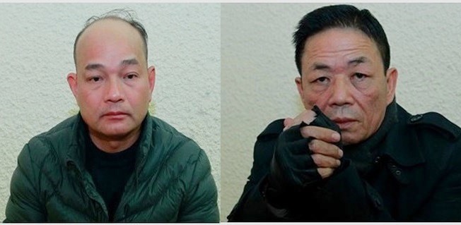 Bị can Nguyễn Hữu Tiến (tức Tiến “hói“) và Nguyễn Kim Hưng (tức Hưng “kính“). (Ảnh: Công an cung cấp)