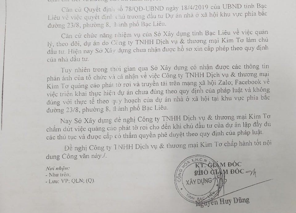 Công văn của Sở xây dựng Bạc Liêu nhắc nhở Cty Kim Tơ quảng cáo không đúng sự thật về dự án (ảnh Nhật Hồ)