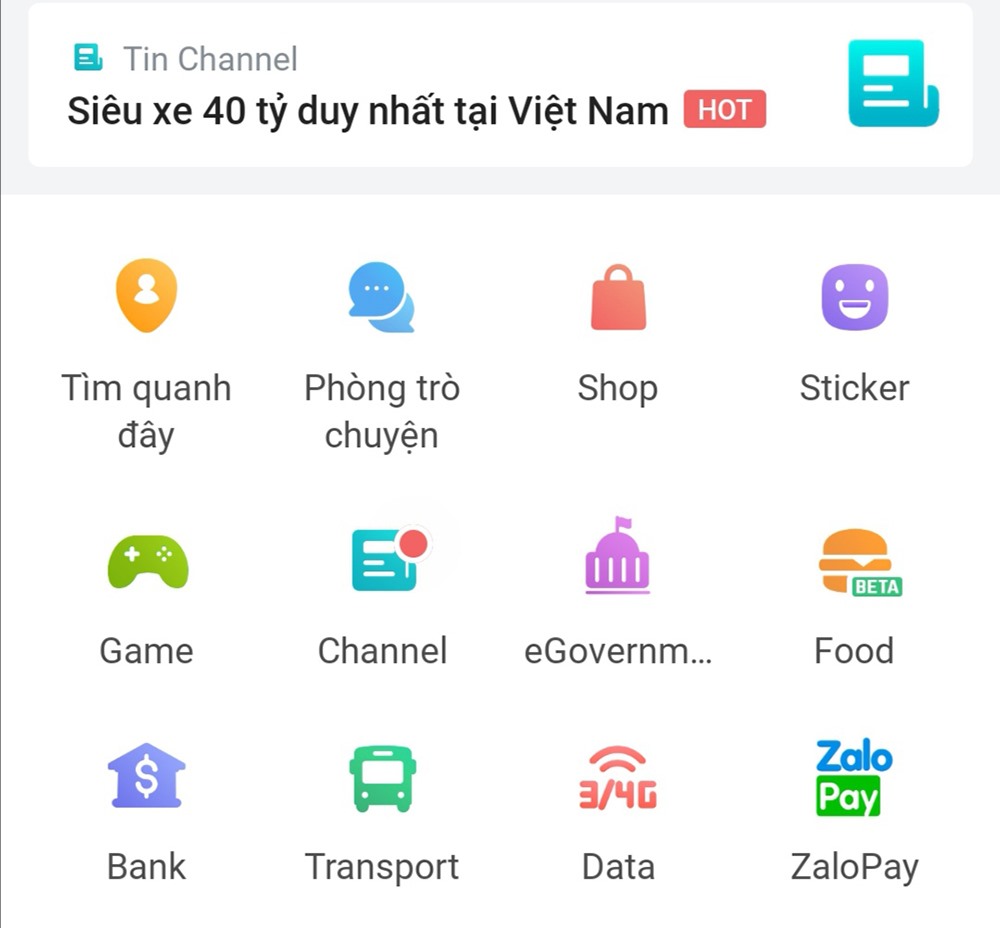 Zalo cung cấp nhiều dịch vụ trên ứng dụng di động (chụp màn hình).
