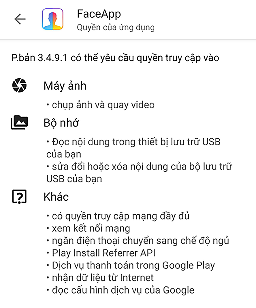 Các tính năng và qui định quyền truy cập dữ liệu người dùng của FaceApp (chụp màn hình).