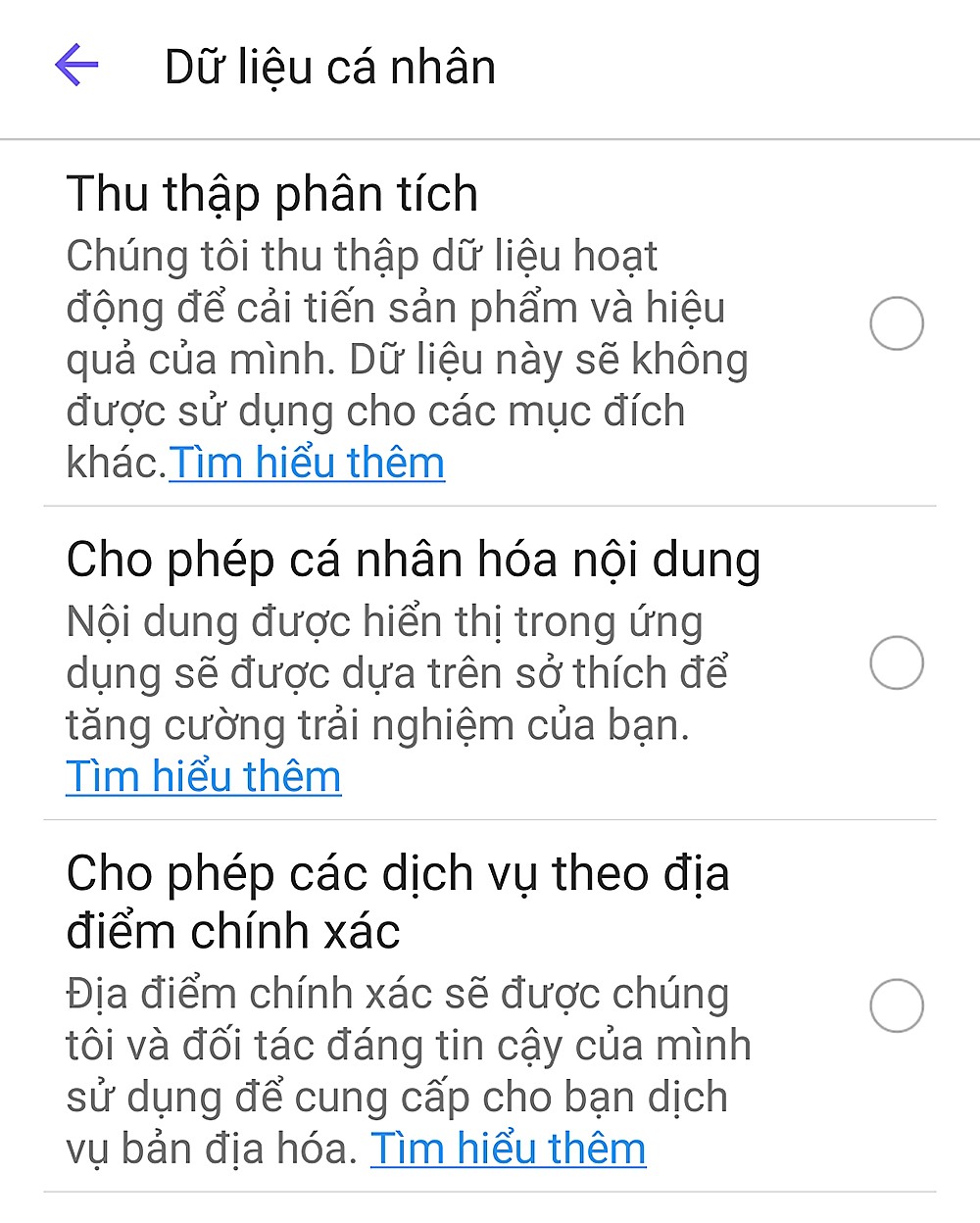 Qui định về dữ liệu cá nhân trên ứng dụng Viber (chụp màn hình).