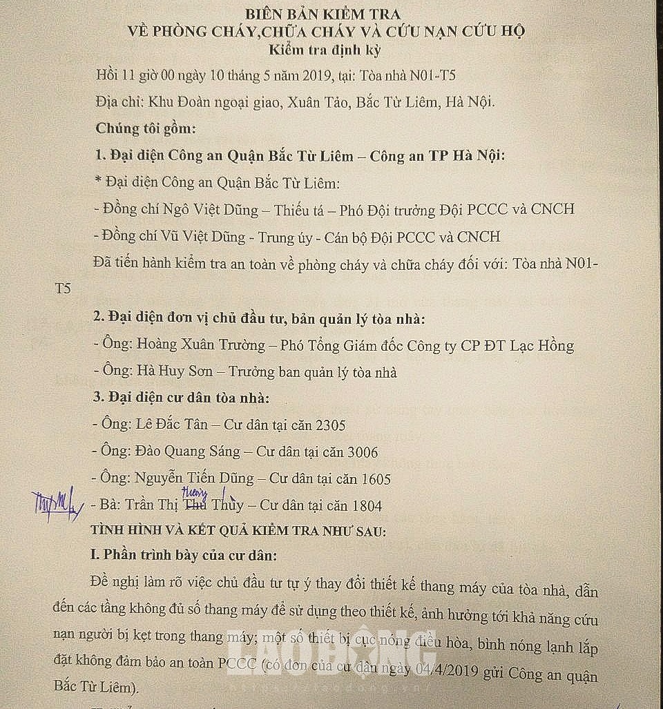 Đoàn kiểm tra kết luận, phản ánh của cư dân là đúng: “Phía CĐT đã thi công thang máy không theo đúng thiết kế ban đầu mà chưa có sự thống nhất với cư dân“; bên cạnh đó, giải pháp cứu hộ thang máy không thực hiện được.